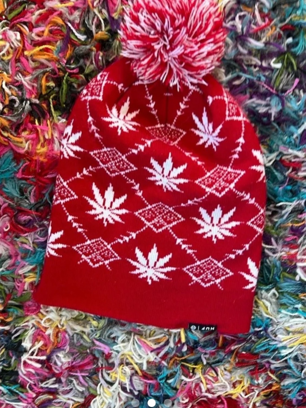 HUF Red Knit Pom Beanie with White Leaf Motif